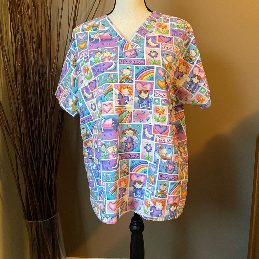 Colorful Cartoon Print Scrub Top. Love and Angels